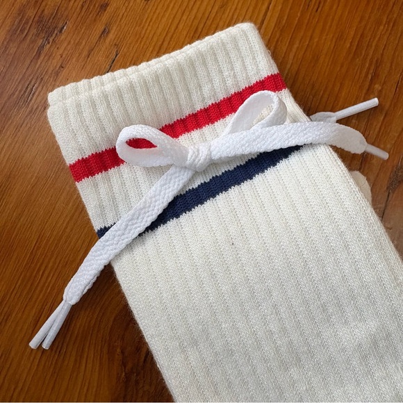 Free People Kick Off Solid Layer knee high socks white red blue bow retro new - Picture 5 of 8